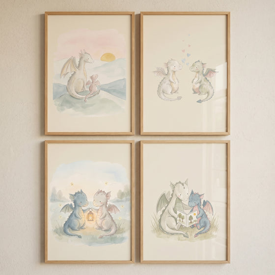 Mythical creature baby dragons wall art set of 4 in light wood frames features soft watercolor scenes of cute dragons.