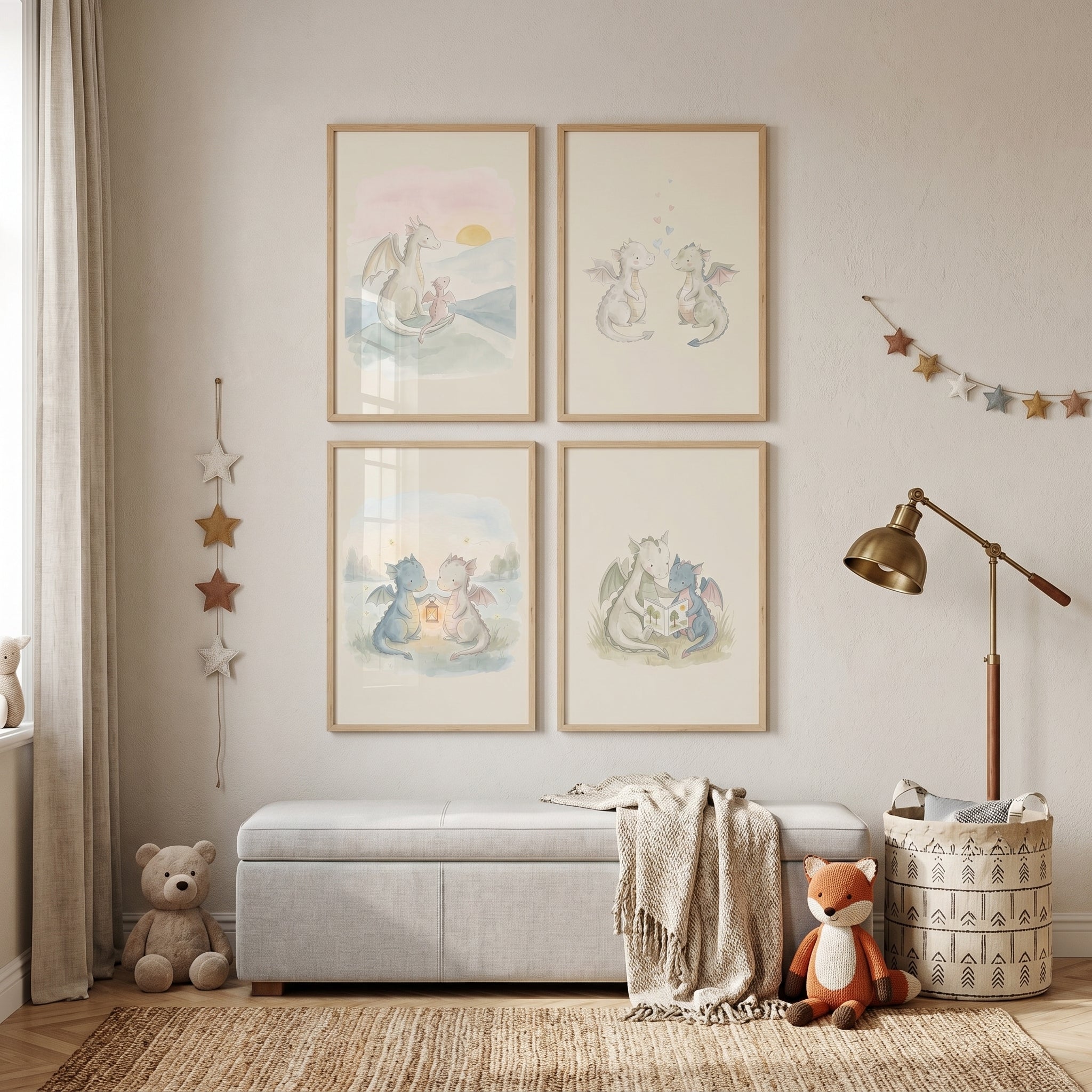 Mythical Creature Baby Dragons Wall Art Set of 4 - Nursery Dragon Tales