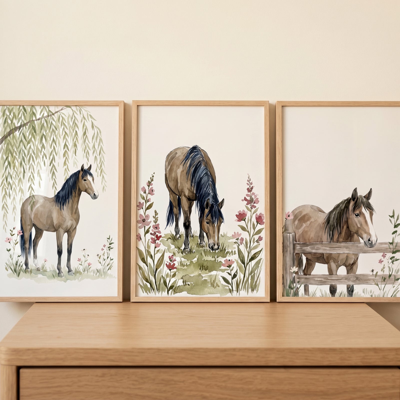 Watercolor style nature brown horse wall art set of 3 displays horses by a willow tree, grazing, and behind a fence.