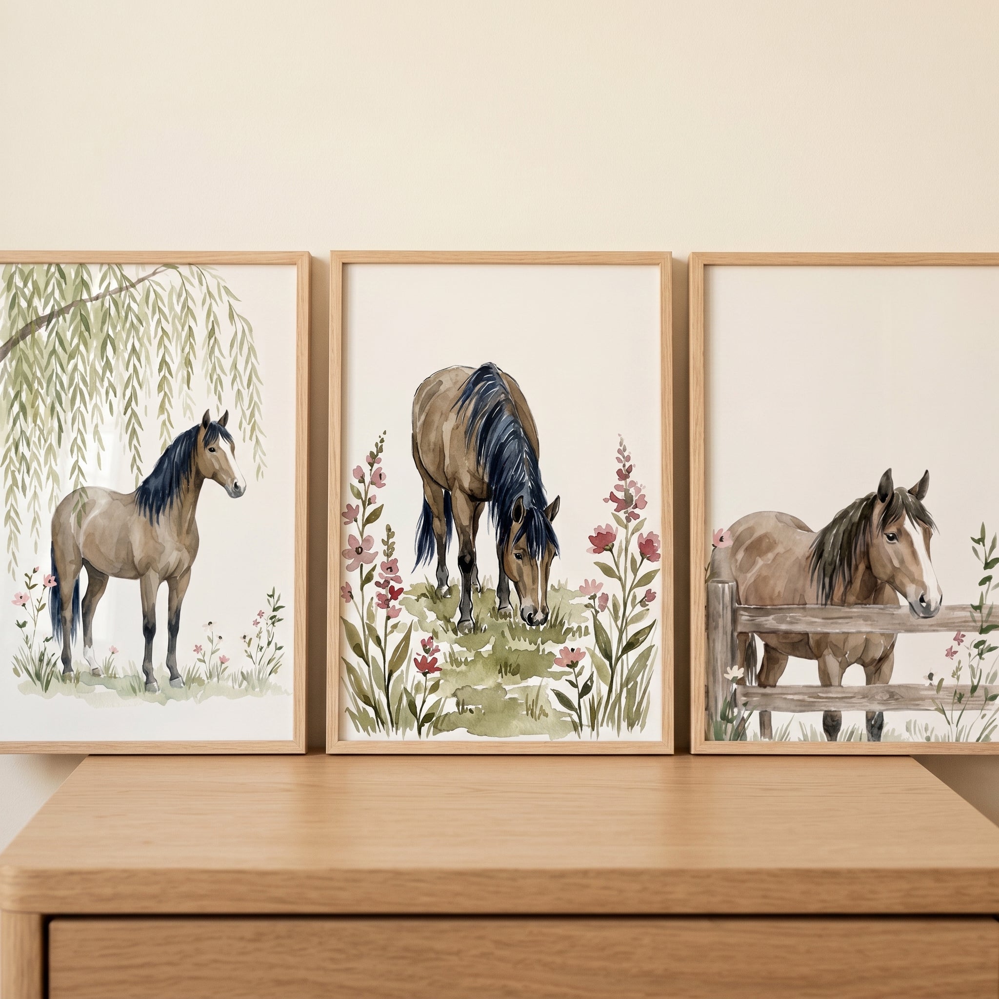 Nature Brown Horse Wall Art Set of 3 - Rustic Horse Trio