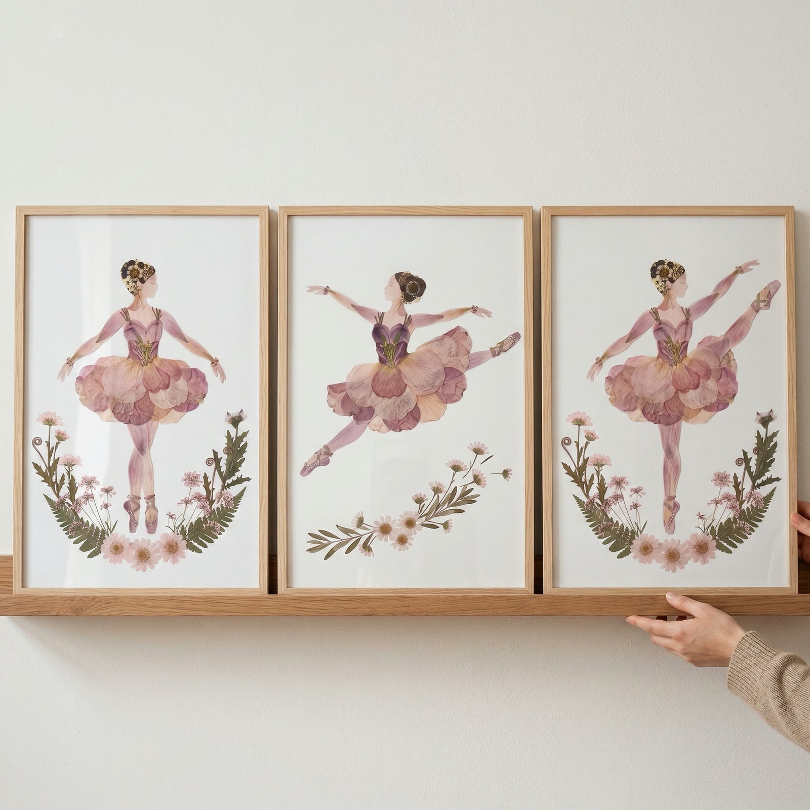 Nature inspired floral ballerina wall art set of 3 in wood frames, featuring figures made with pressed flower petals.