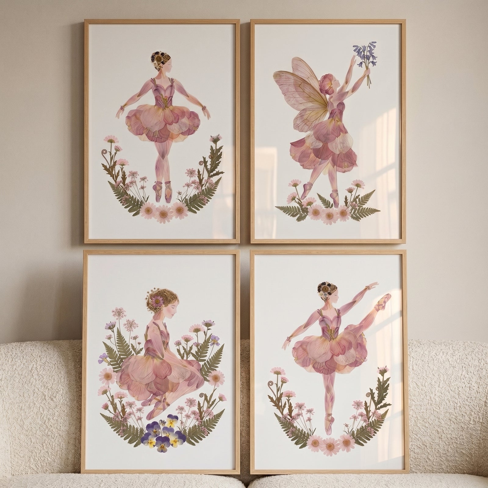 Nature inspired petal girl wall art set of 4 featuring floral ballerinas and fairies in light wood frames.