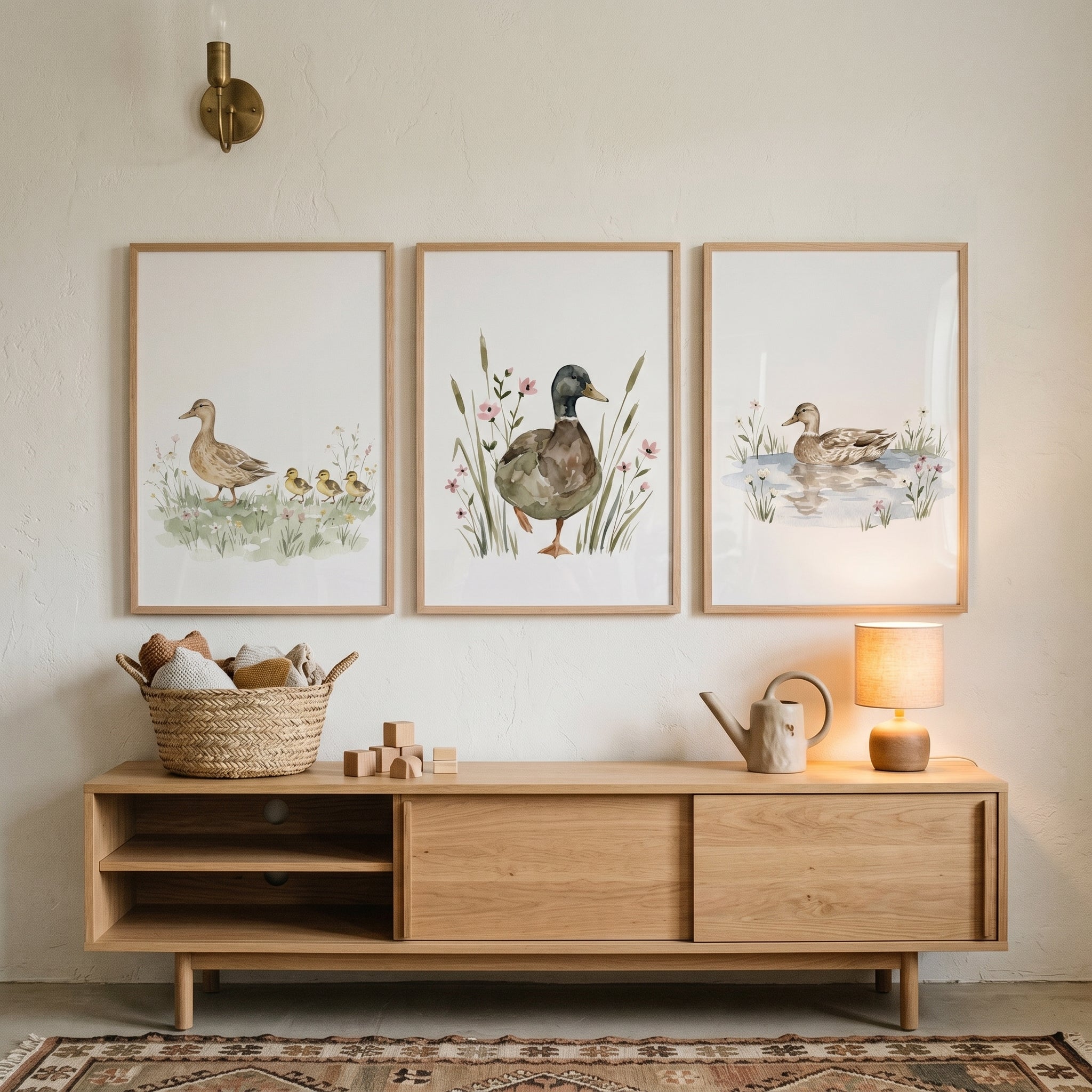 Nature Mallard Duck Wall Art Set of 3 - Gentle Duckling Scenes