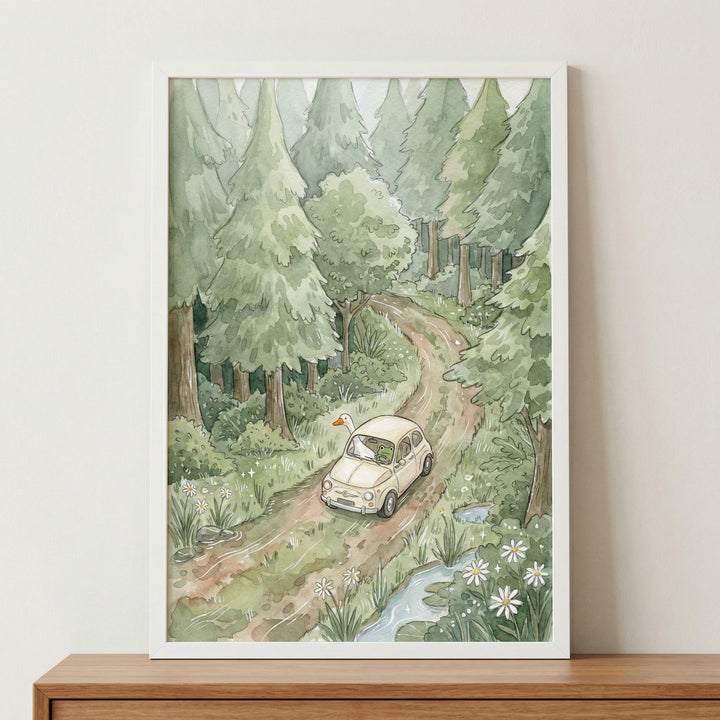 This vertical framed illustration depicts a whimsical woodland scene in soft, muted tones. A small, vintage-style cream-colored car travels down a winding dirt road that cuts through a dense forest of tall, stylized evergreen trees. 
