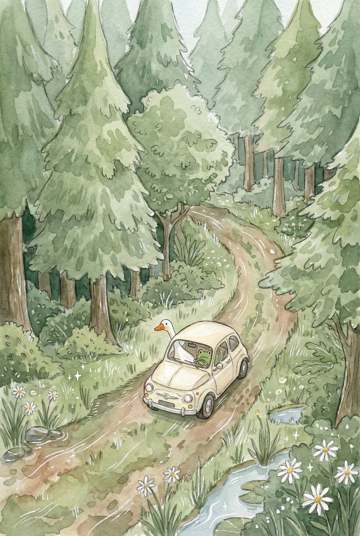 A small cream colored car drives along a winding dirt path through a dense green forest. A white duck leans out of the car while a frog sits inside, as trees and wildflowers line the road. The scene captures a gentle woodland adventure.
