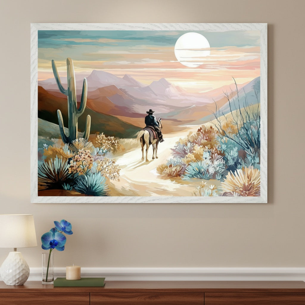 Neutral living room with a wooden console table. A large framed desert landscape painting, featuring a cowboy on horseback, saguaro cacti, and mountains under a large sun, hangs centered above the table.
