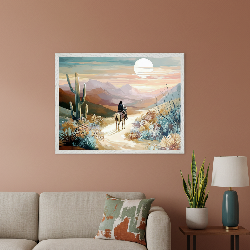 Modern living room with a light sofa. A large framed painting of a cowboy on horseback on a desert path, with cacti, distant mountains, and a setting sun, hangs centered above the sofa. An end table with a snake plant and a lamp is on the right.