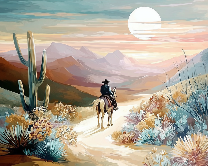 A lone rider on horseback travels along a winding desert path, surrounded by vibrant desert flora, including a tall cactus. The sun sets over distant mountains, casting a warm glow across the landscape.