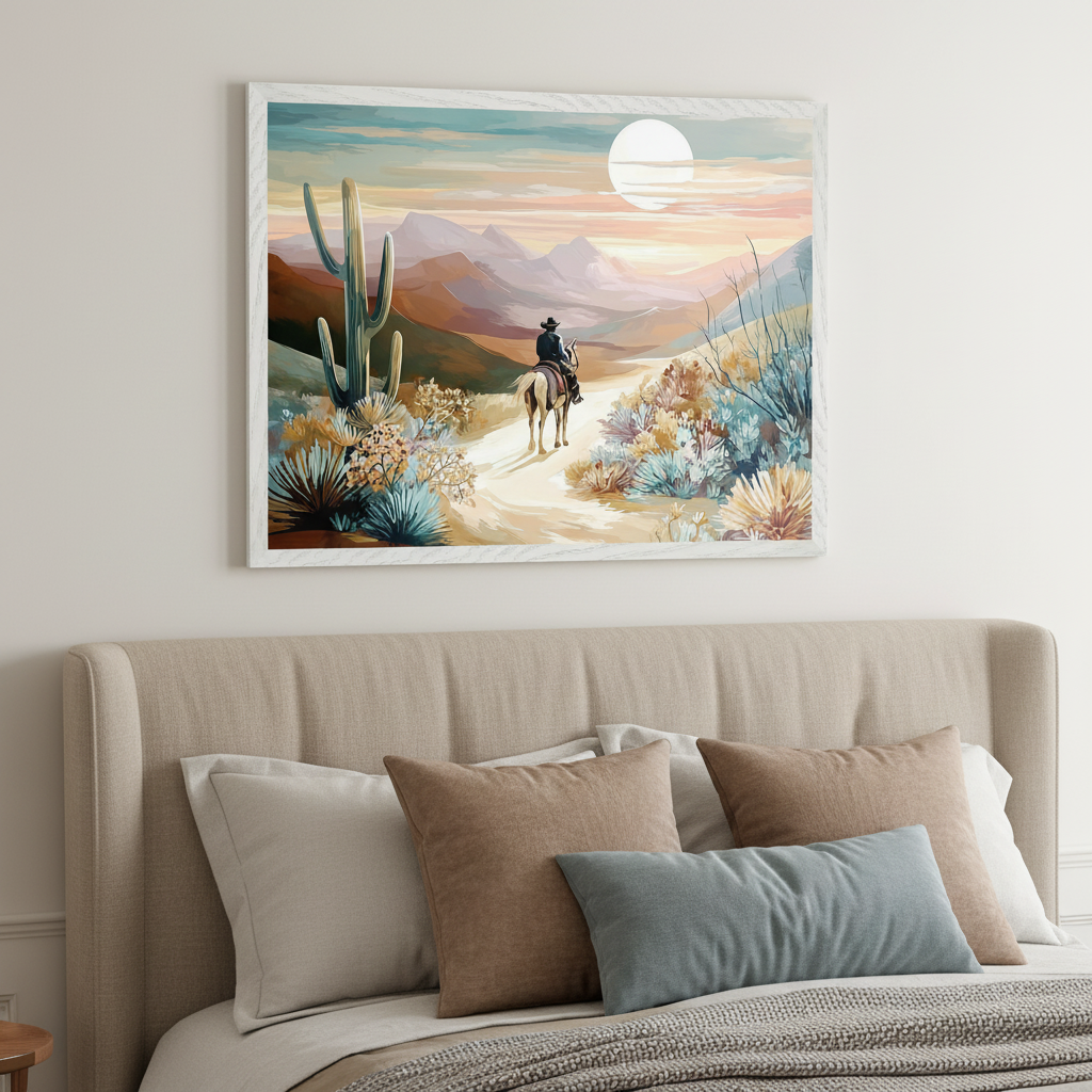 Bedroom with a beige upholstered bed and pillows. Above the bed hangs a large framed desert landscape painting featuring a cowboy on a horse on a path, a saguaro cactus, mountains, and a full moon in a painted style.