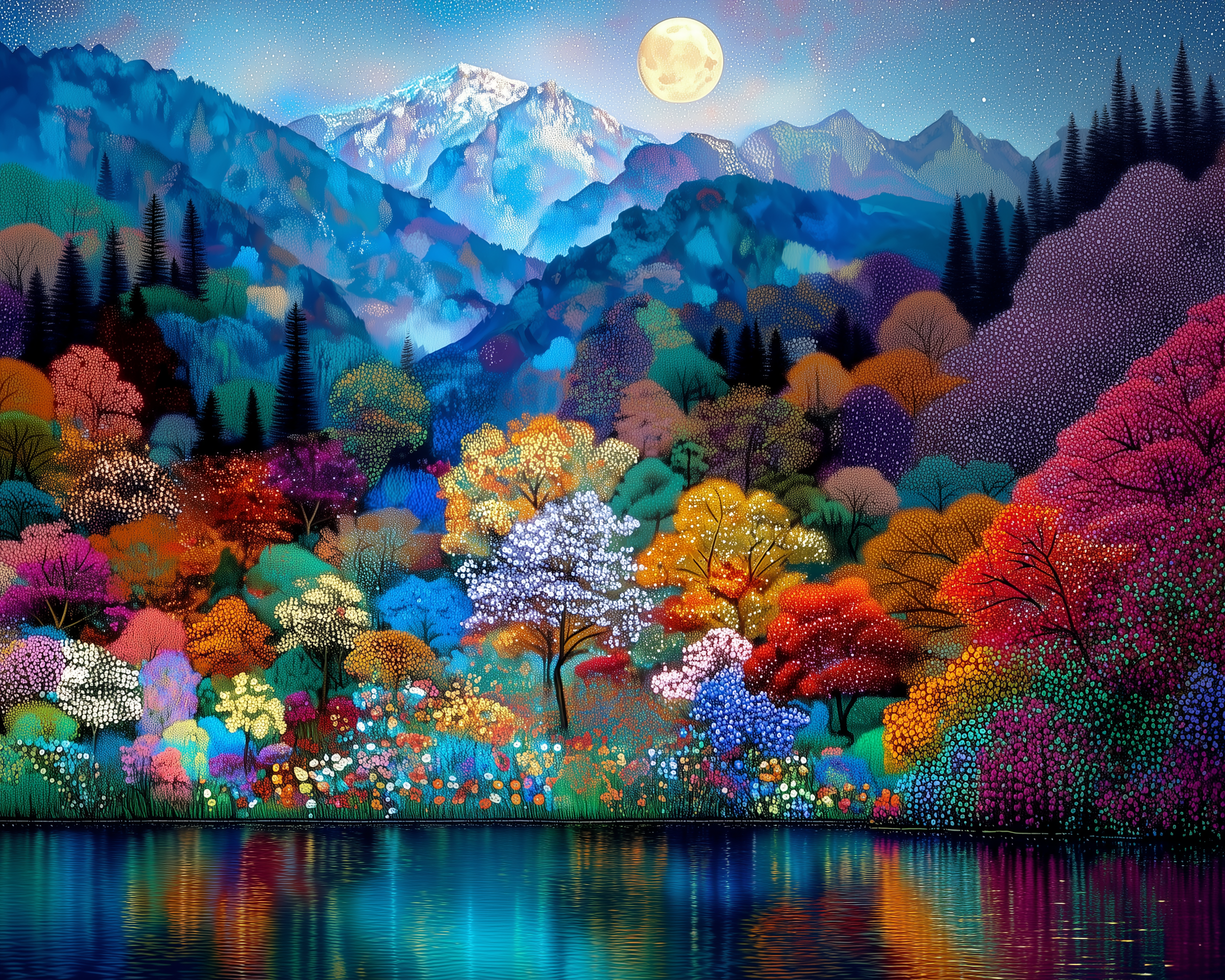 A vibrant, colorful landscape features a variety of trees in vivid hues of red, orange, blue, and purple, reflected in a calm lake. In the background, snow-capped mountains rise under a full moon in a starry night sky, creating a magical and serene scene.