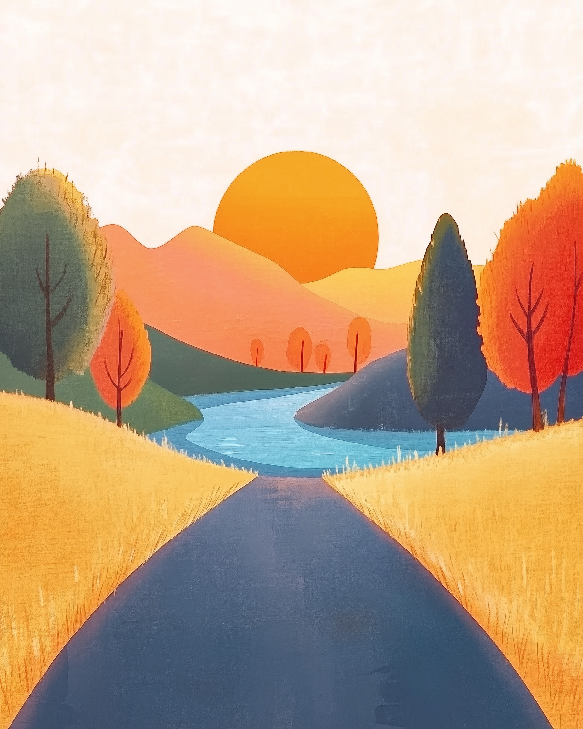 A serene landscape illustration features a winding path leading to a tranquil blue river, surrounded by golden fields and vibrant autumn trees. In the background, a large orange sun sets behind rolling hills, casting a warm glow over the scene.