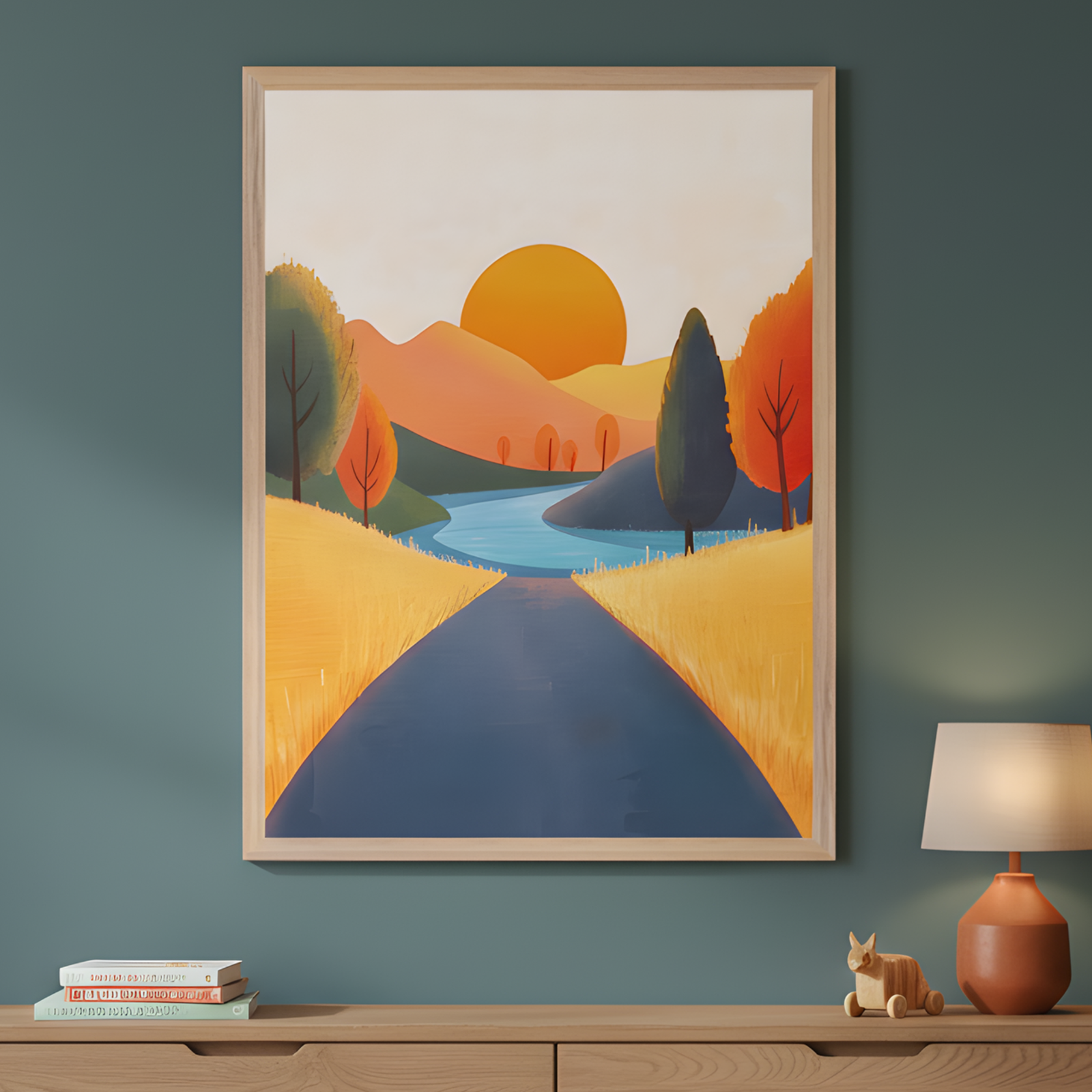 Stylized autumn landscape hangs on a dark green wall above a wooden dresser. The artwork features a winding blue path leading toward a river, with golden fields, orange and red trees, and a large sun setting behind soft mountain silhouettes. A small stack of books, a wooden cat figurine on wheels, and a terracotta lamp sit on the dresser below.