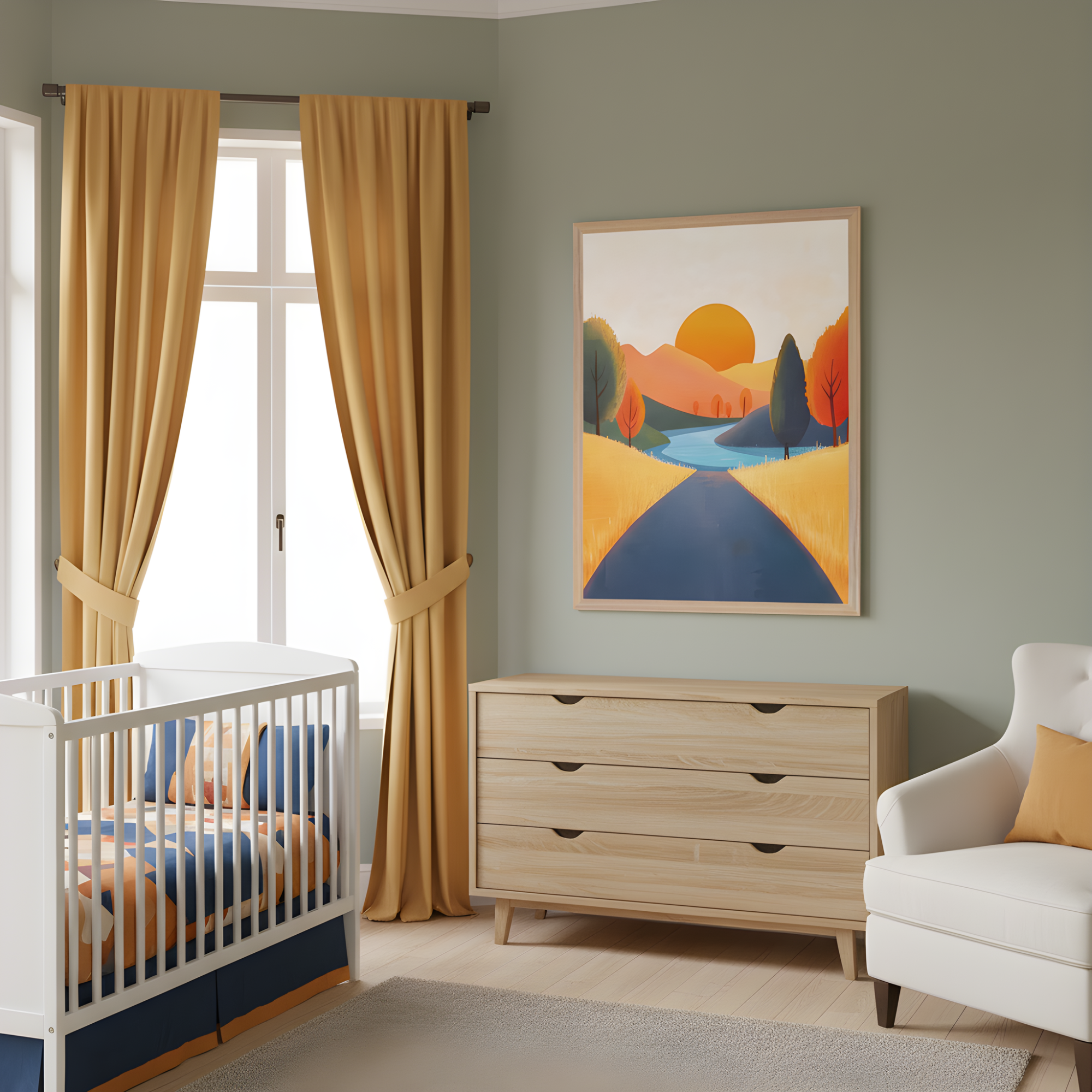 A cozy nursery features a white crib with colorful bedding, golden yellow curtains framing a window, and a soft green wall. A framed landscape painting with a vivid sunset, blue river, and orange-toned hills hangs above a light wood dresser. A cushioned white armchair with a mustard pillow sits nearby, completing the warm, inviting space.