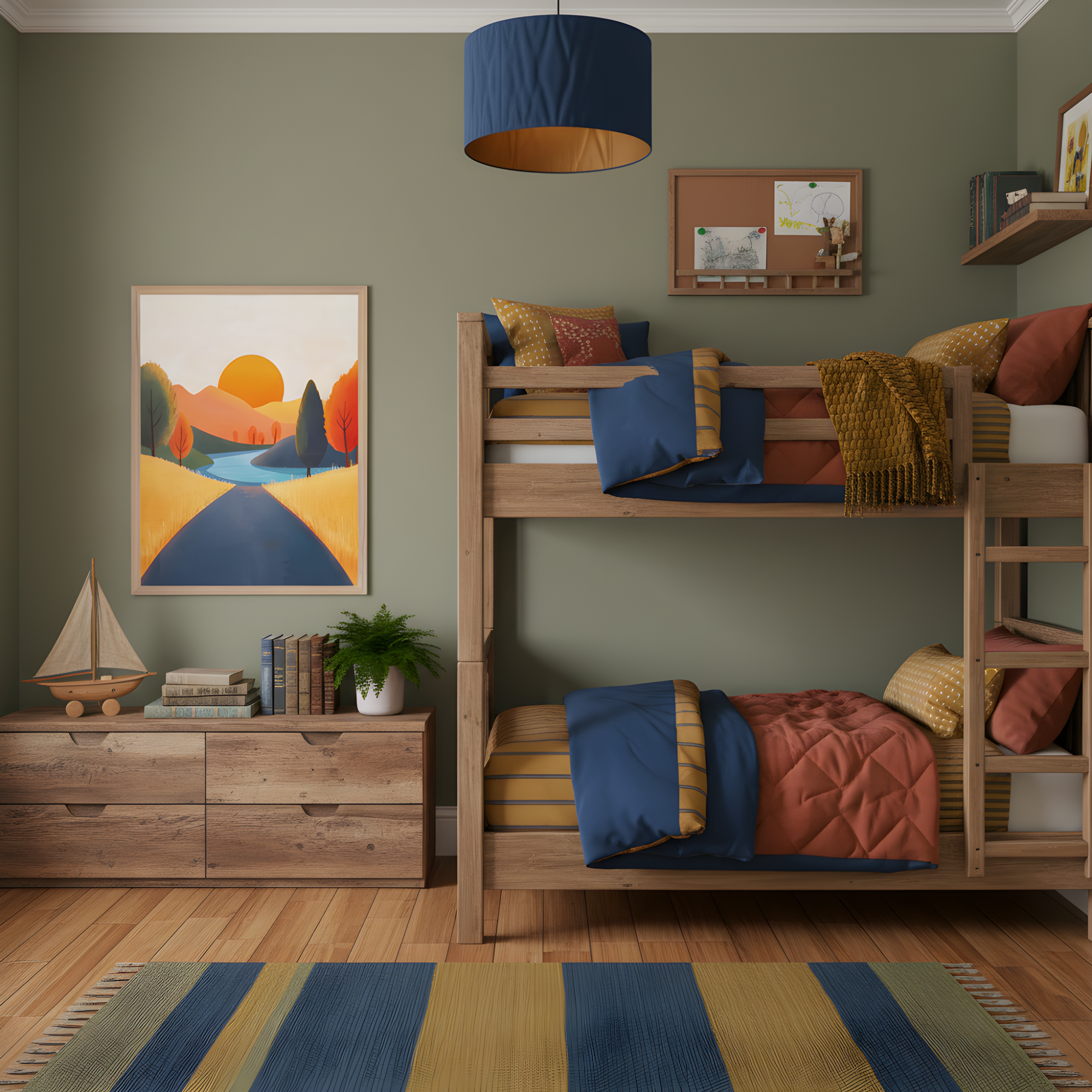 Children's bedroom decorated in warm, earthy tones features a wooden bunk bed with rust, navy, and mustard bedding. A dresser with a toy sailboat, books, and a potted plant sits beneath a framed landscape painting of a golden field, blue river, and orange sunset. A striped rug and blue drum pendant light add playful touches to the cozy space.