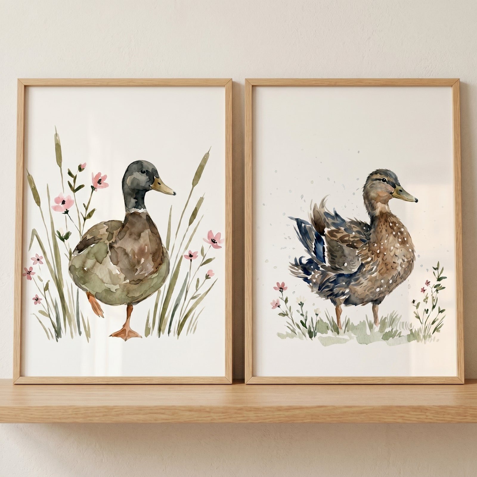 Nature wildflower brown duck wall art set of 2 features framed watercolor illustrations of ducks on a wooden shelf.