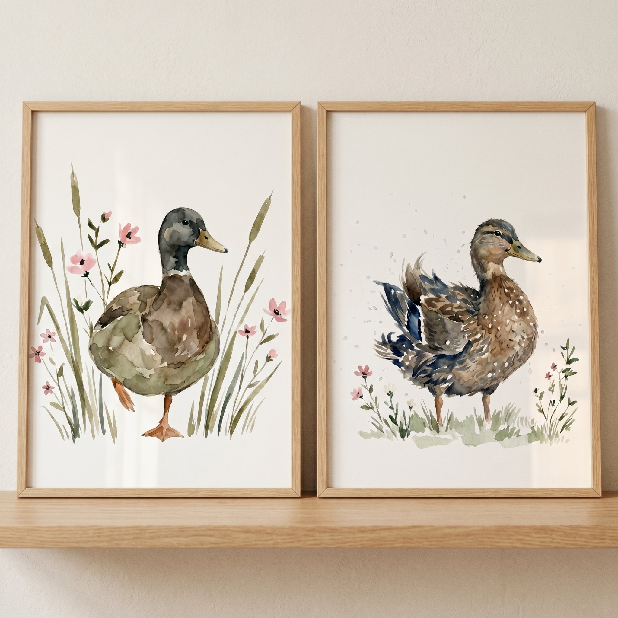 Nature Wildflower Brown Duck Wall Art Set of 2 - Watercolor Mallard Duo