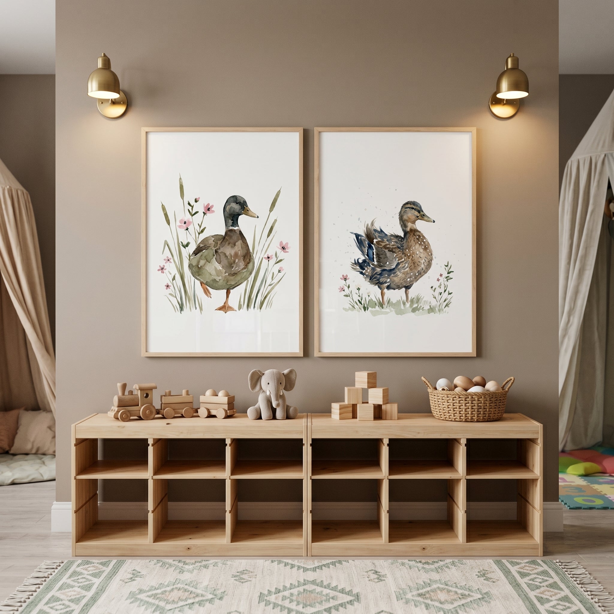 Nature Wildflower Brown Duck Wall Art Set of 2 - Watercolor Mallard Duo