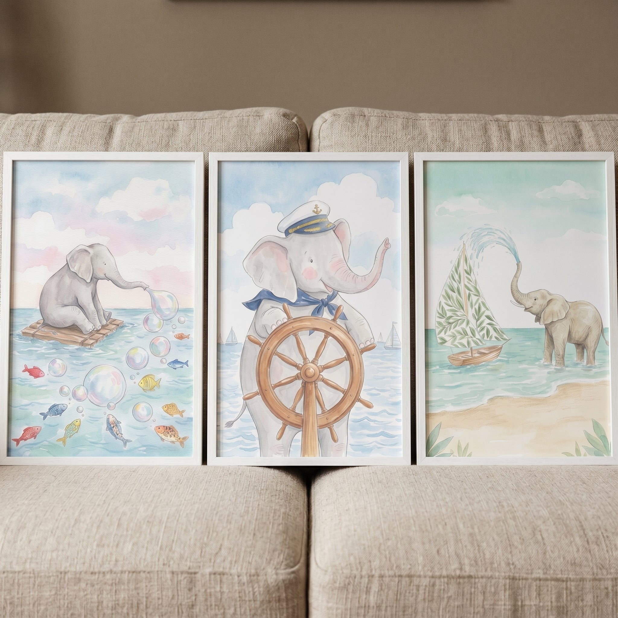 Nautical Baby Elephant Wall Art Set of 3 - Nautical Elephant Trio