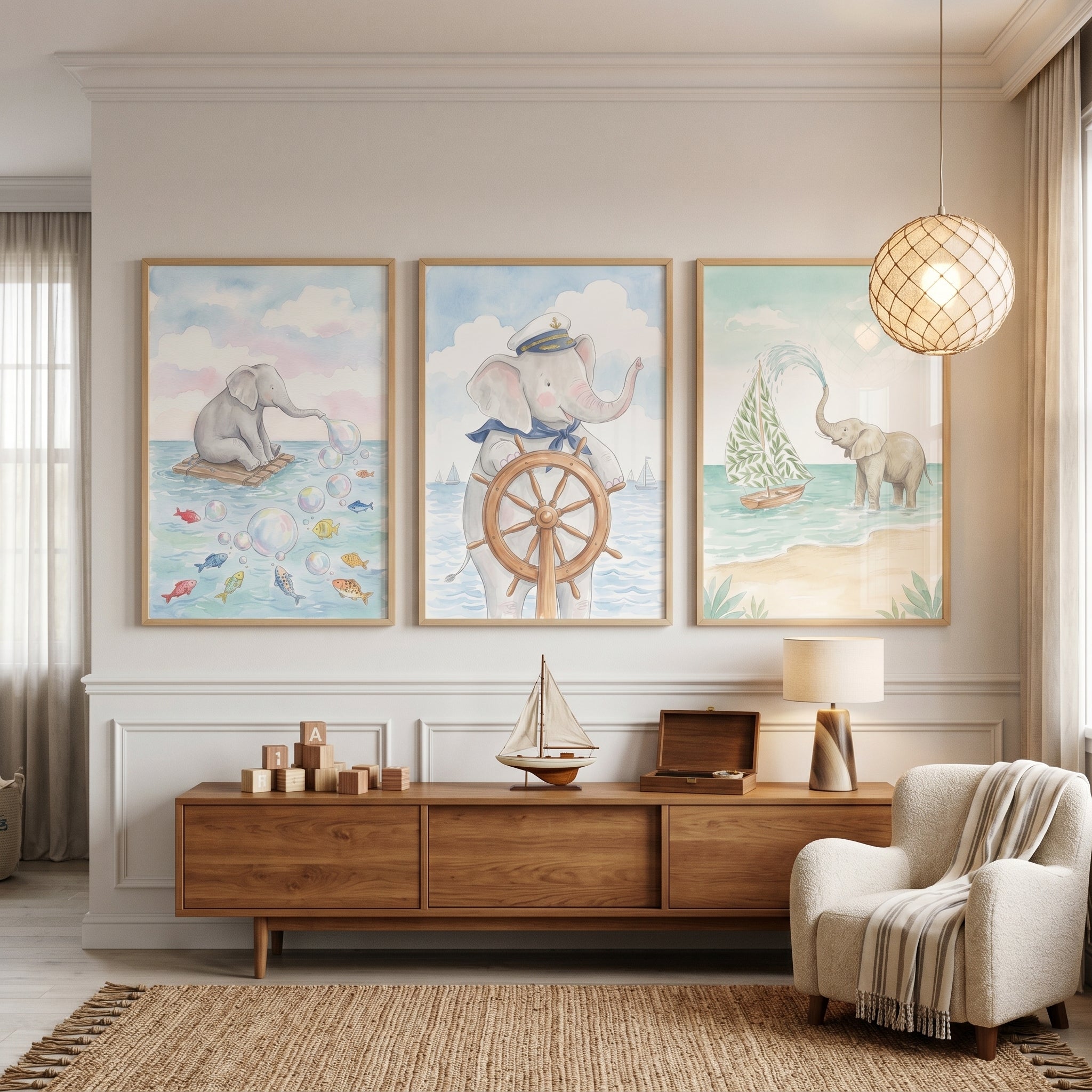 Nautical Baby Elephant Wall Art Set of 3 - Nautical Elephant Trio