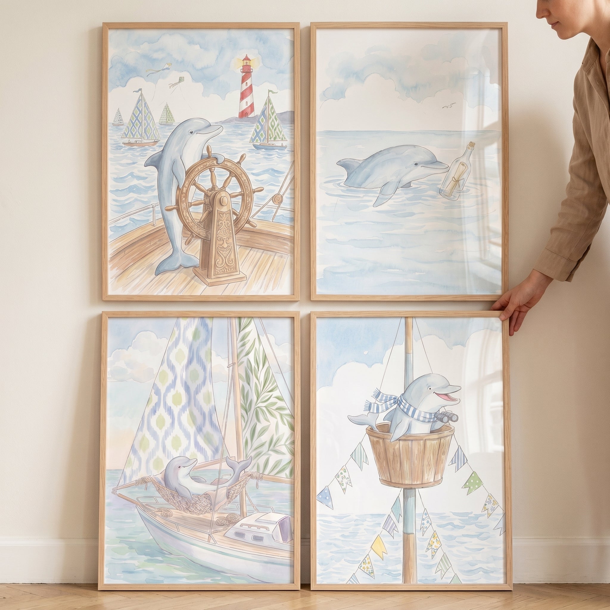 Nautical Blue Dolphin Wall Art Set of 4 - Nautical Dolphin Adventure