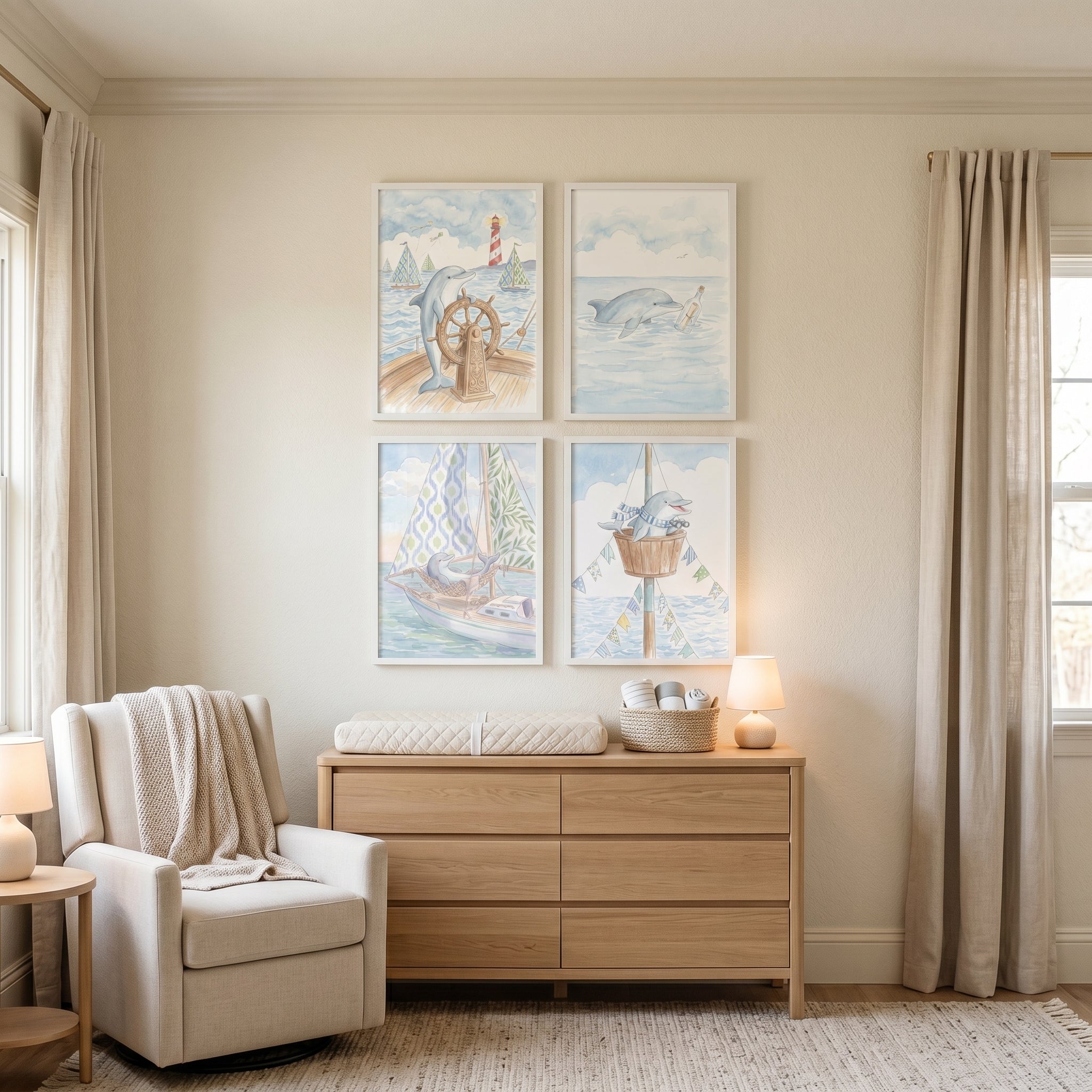 Nautical Blue Dolphin Wall Art Set of 4 - Nautical Dolphin Adventure