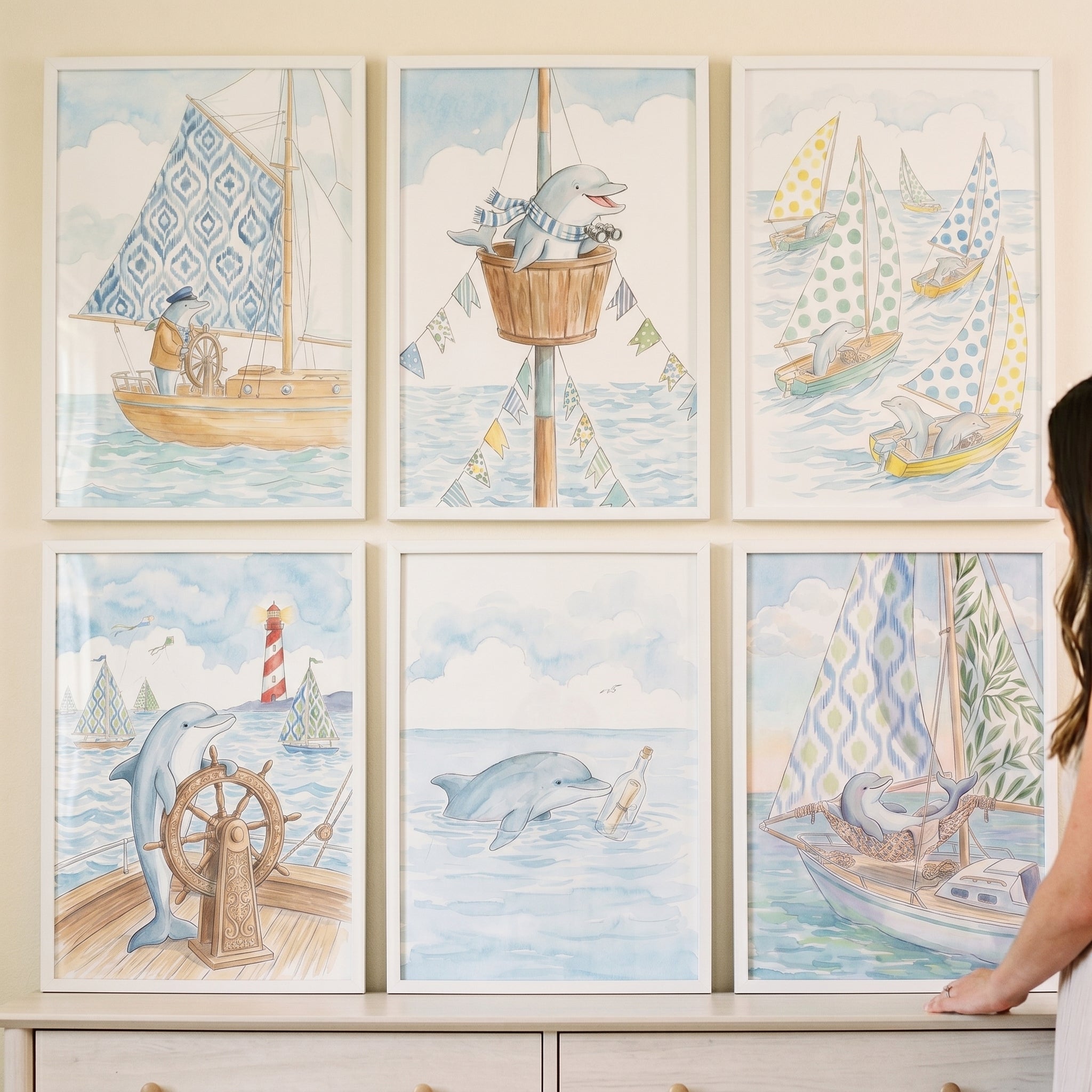 Nautical Blue Dolphin Wall Art Set of 6 - Sailor Dolphin Tales