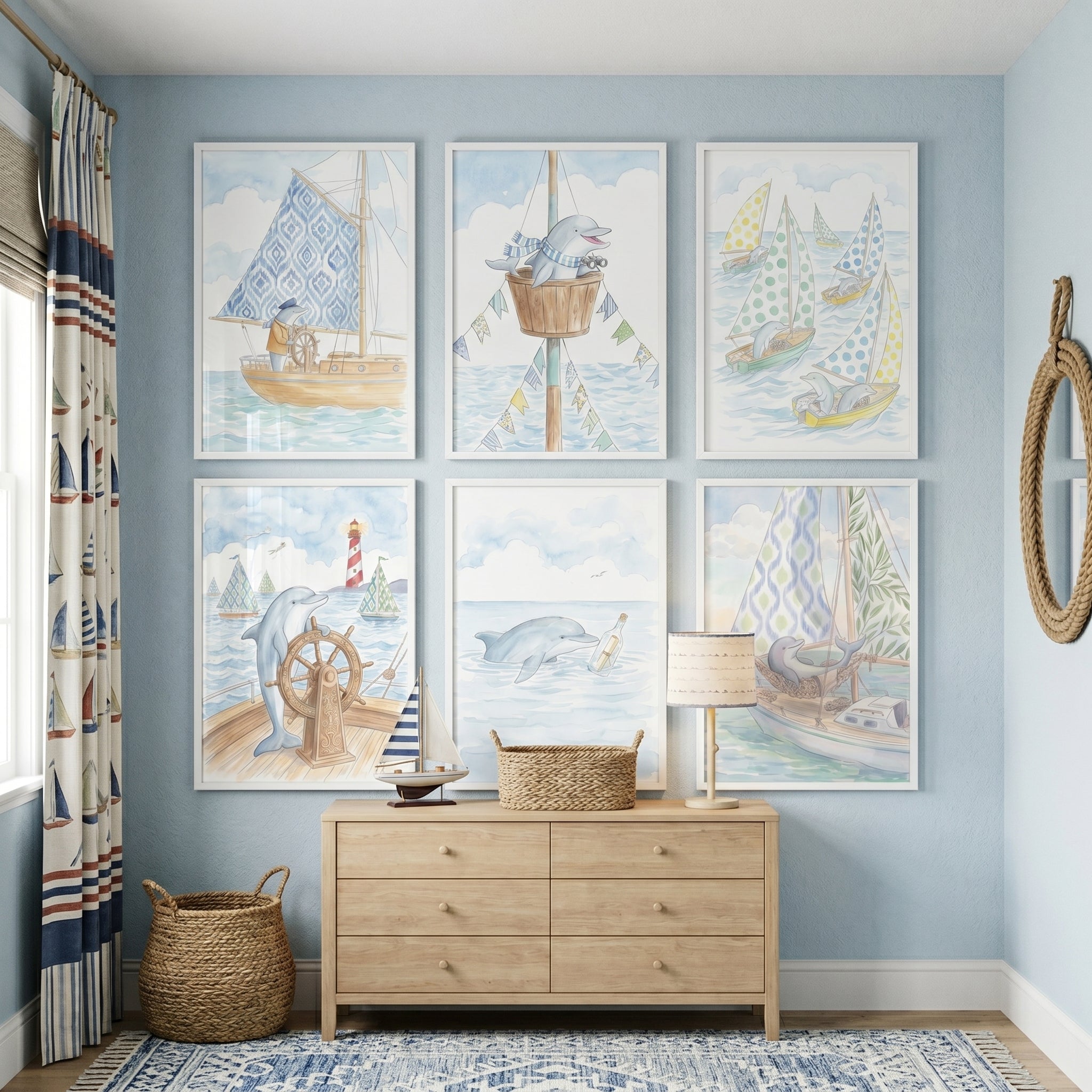 Nautical Blue Dolphin Wall Art Set of 6 - Sailor Dolphin Tales