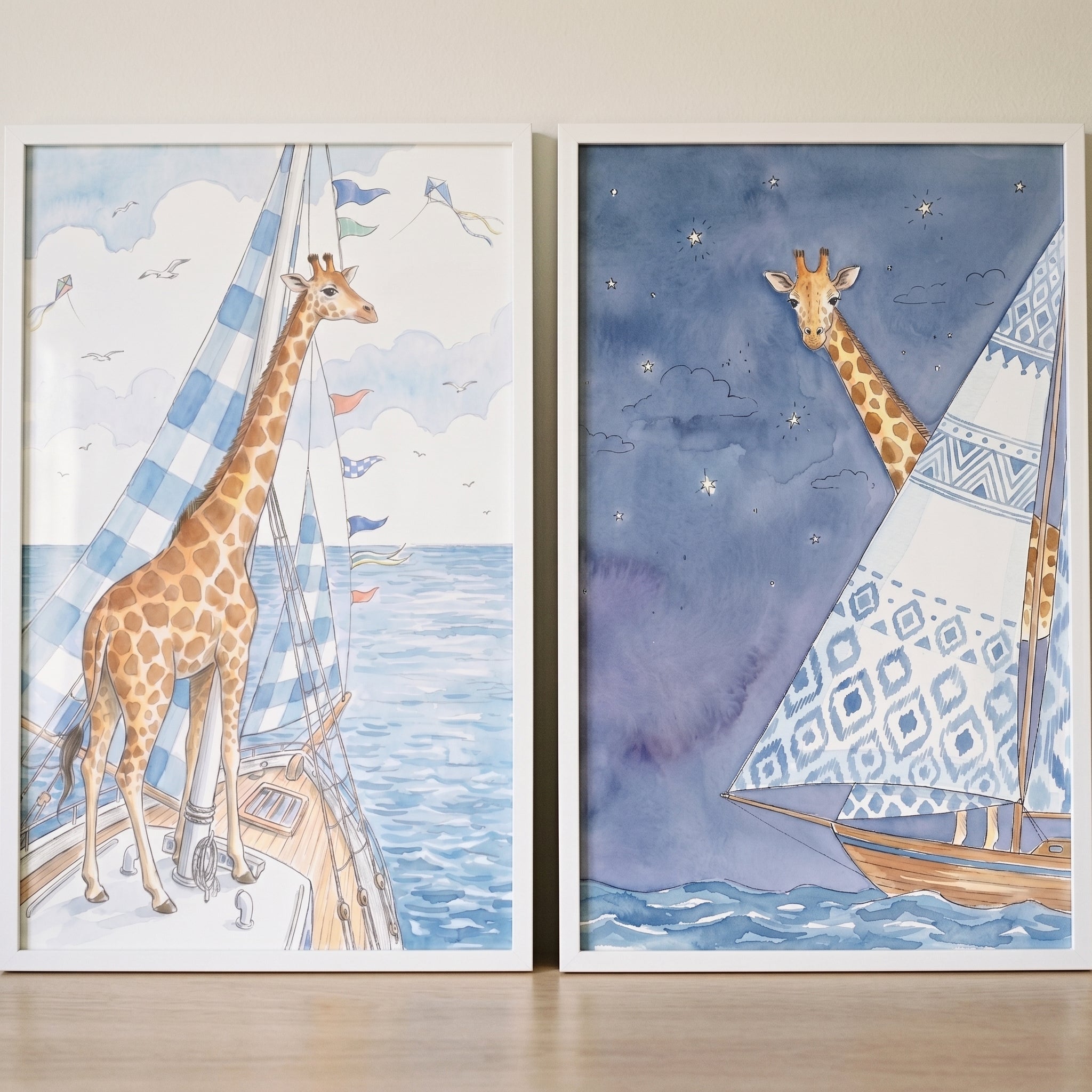 Nautical Giraffe Wall Art Set of 2 - Nautical Giraffe Voyage
