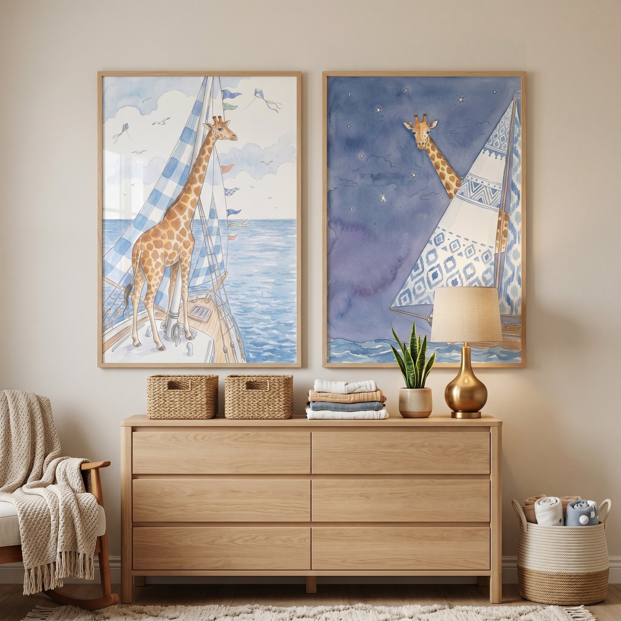 Nautical Giraffe Wall Art Set of 2 - Nautical Giraffe Voyage