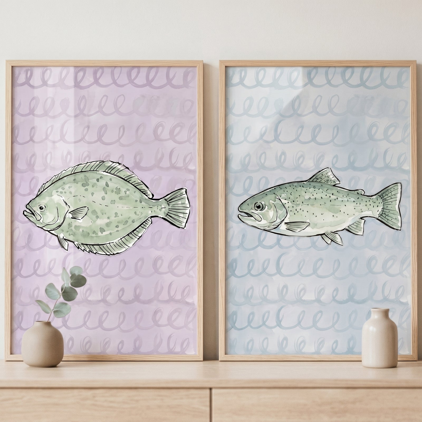 Nautical pastel fish wall art set of 2 featuring a flatfish on purple and a trout on blue with wavy patterns.