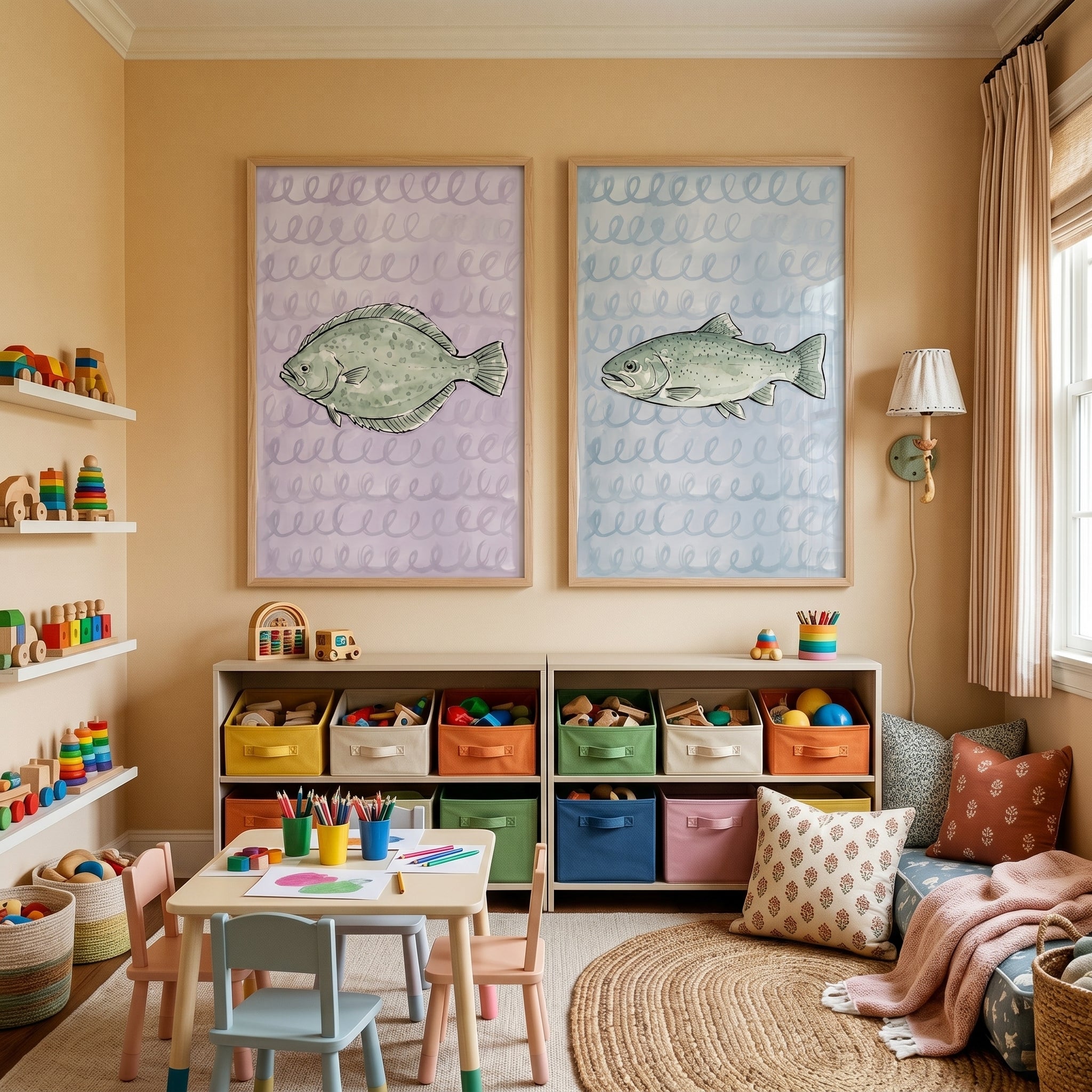 Nautical Pastel Fish Wall Art Set of 2 - Aquatic Swirl Duo