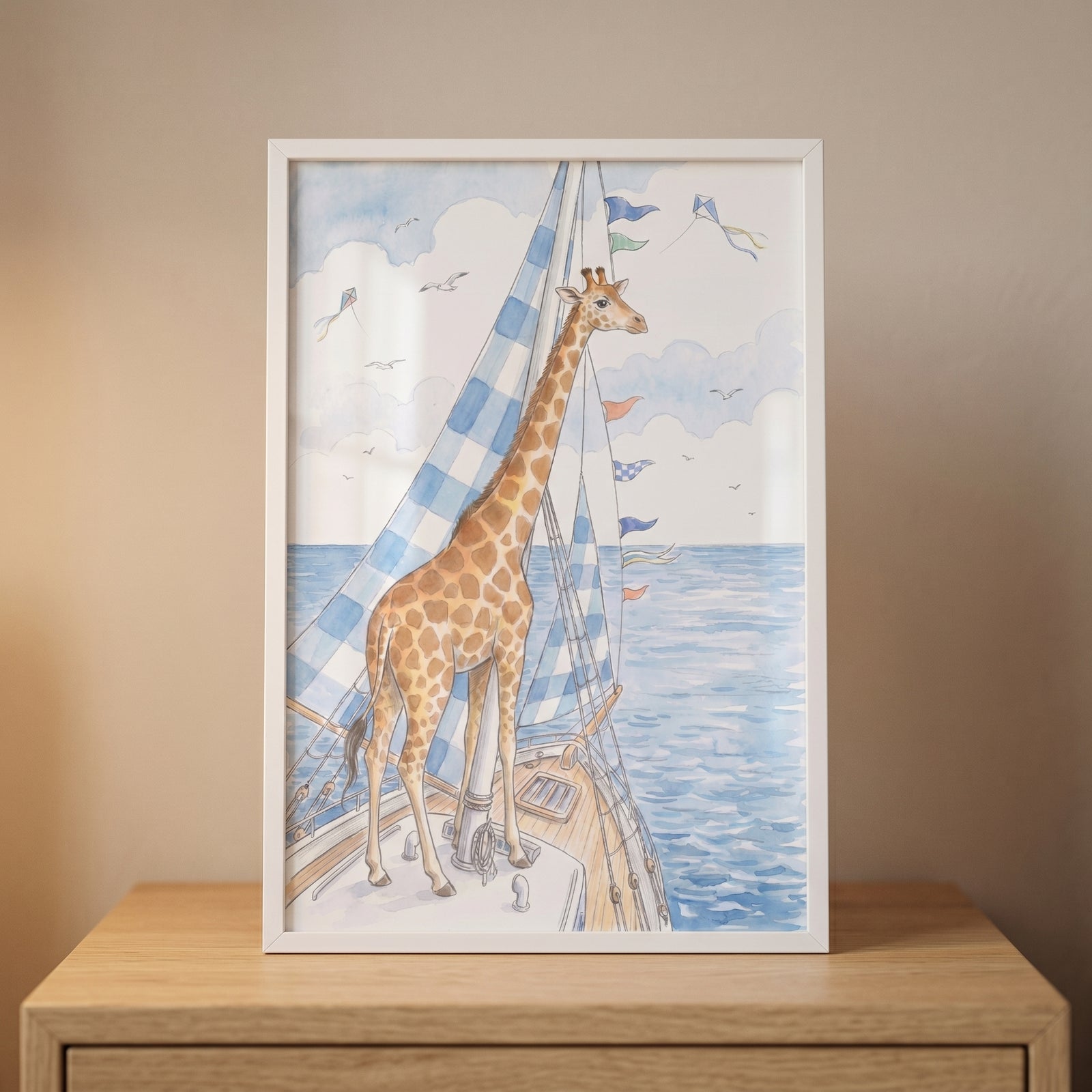 Nautical sailing giraffe wall art of a giraffe on a sailboat with blue checkered sails and decorative flags.