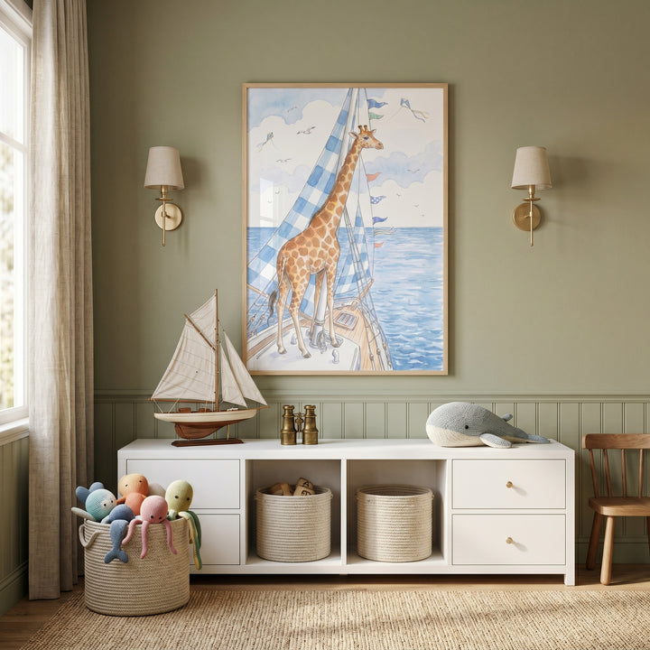 Nautical sailing giraffe wall art in a green nursery with a white console, model sailboat, and plush sea animals.