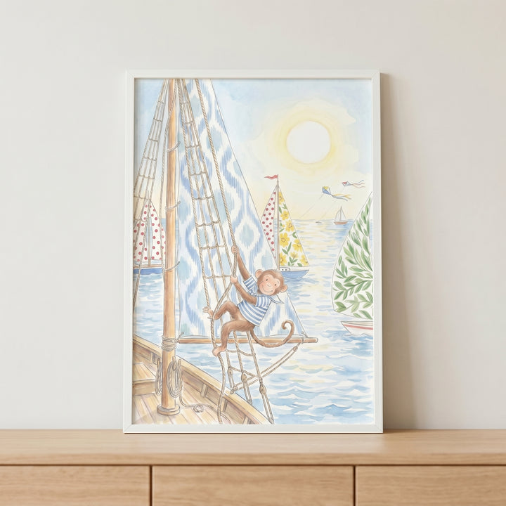 Monkey in a striped shirt climbs rigging in this nautical sailing monkey wall art with patterned sails and a yellow sun.