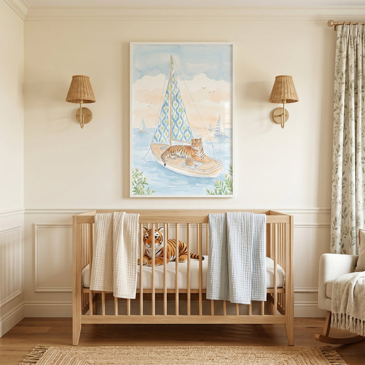 Nautical sailing tiger wall art hangs above a wooden crib with a plush tiger toy in a neutral nursery with woven sconces.