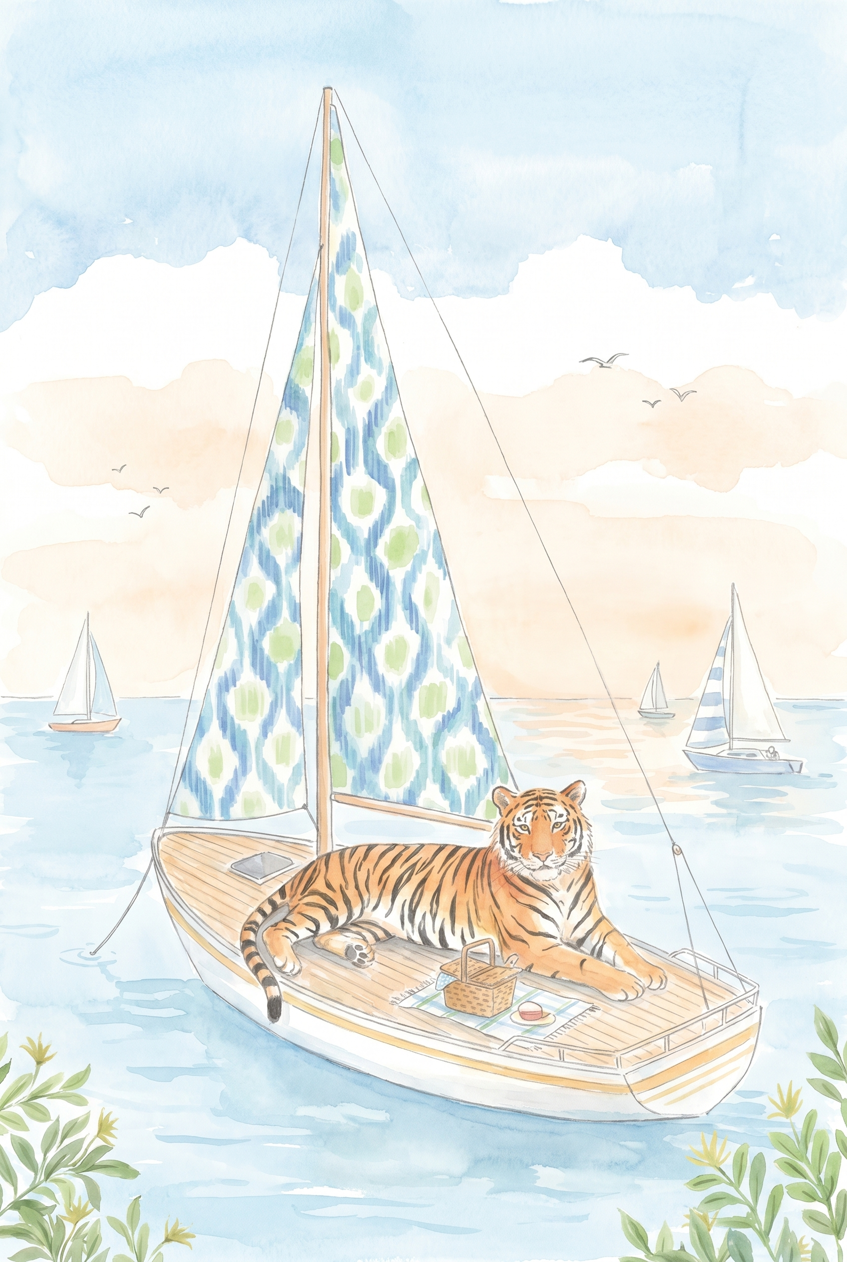 Nautical Sailing Tiger Wall Art - Sailing Tiger Picnic