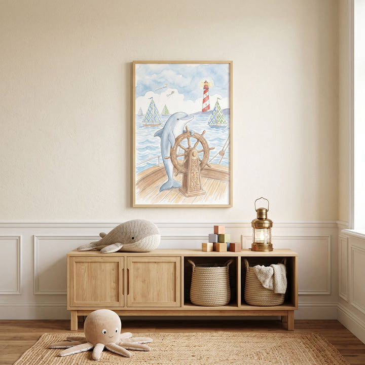 Nautical ship wheel dolphin wall art hangs above a wooden cabinet with whale and octopus plush toys in a neutral room.