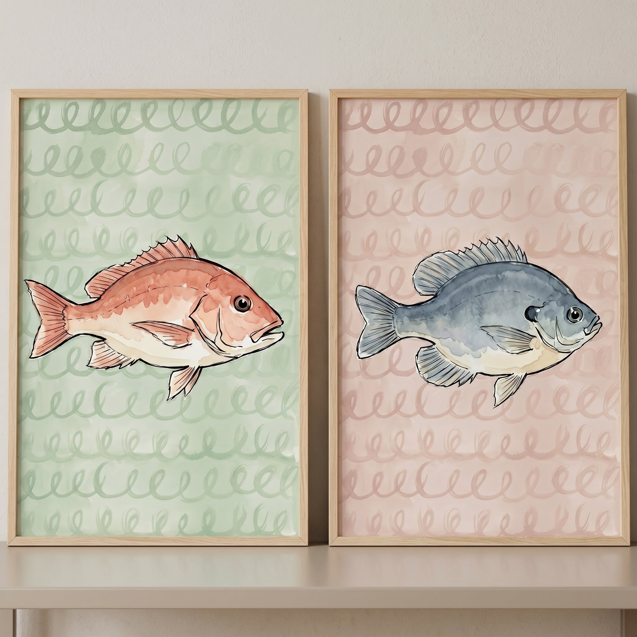 Nautical Theme Watercolor Fish Wall Art Set of 2 - Pastel Sea Life