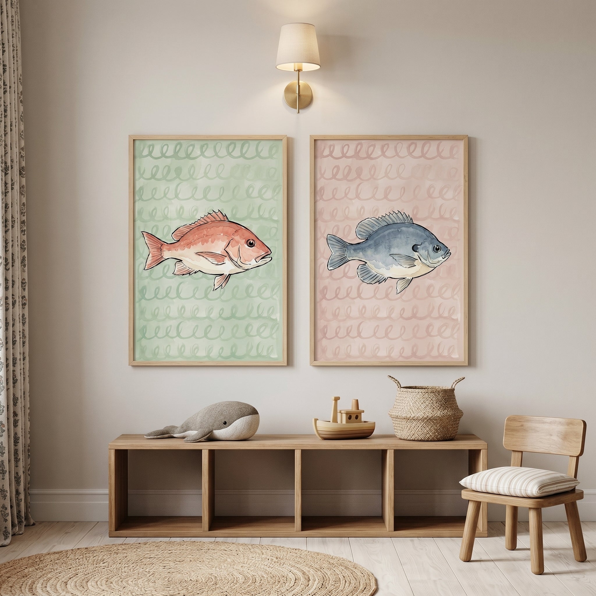 Nautical Theme Watercolor Fish Wall Art Set of 2 - Pastel Sea Life