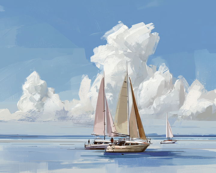 A serene scene featuring two sailboats gliding across a calm blue sea, with fluffy white clouds filling the expansive sky above. The boats have tall masts and sails, and the water reflects their gentle movement.