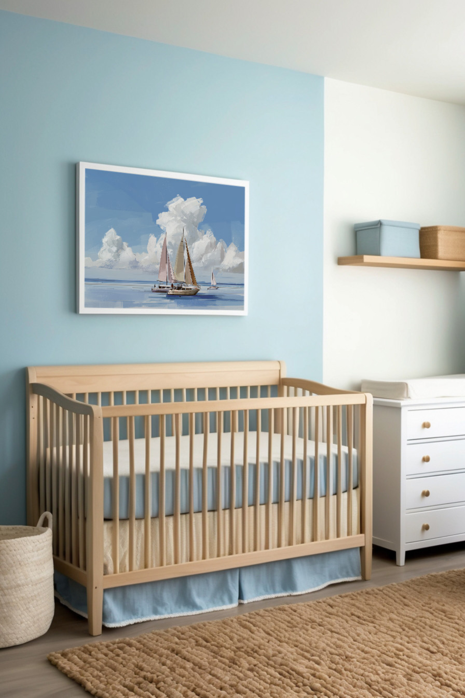 Bright nursery with pastel blue walls, a natural wooden crib, and nautical artwork featuring sailboats under a cloudy sky, adding a cheerful coastal vibe to the room.