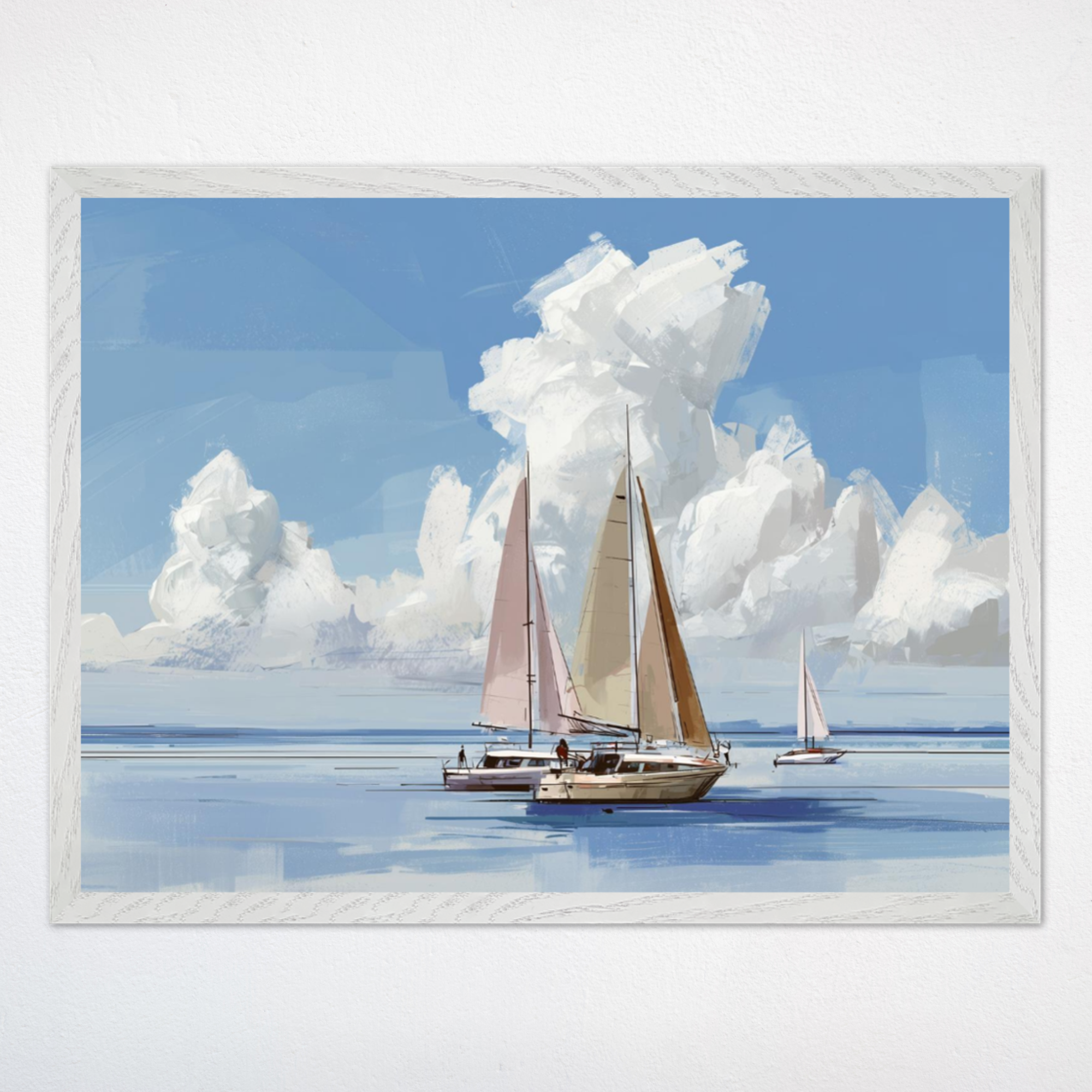 Three sailboats glide gently across a calm, blue ocean beneath a bright sky filled with fluffy white clouds in this serene digital artwork. Soft brush strokes highlight the leisurely, peaceful atmosphere of a perfect day at sea.