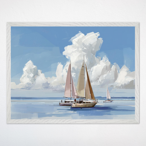 Three sailboats glide gently across a calm, blue ocean beneath a bright sky filled with fluffy white clouds in this serene digital artwork. Soft brush strokes highlight the leisurely, peaceful atmosphere of a perfect day at sea.