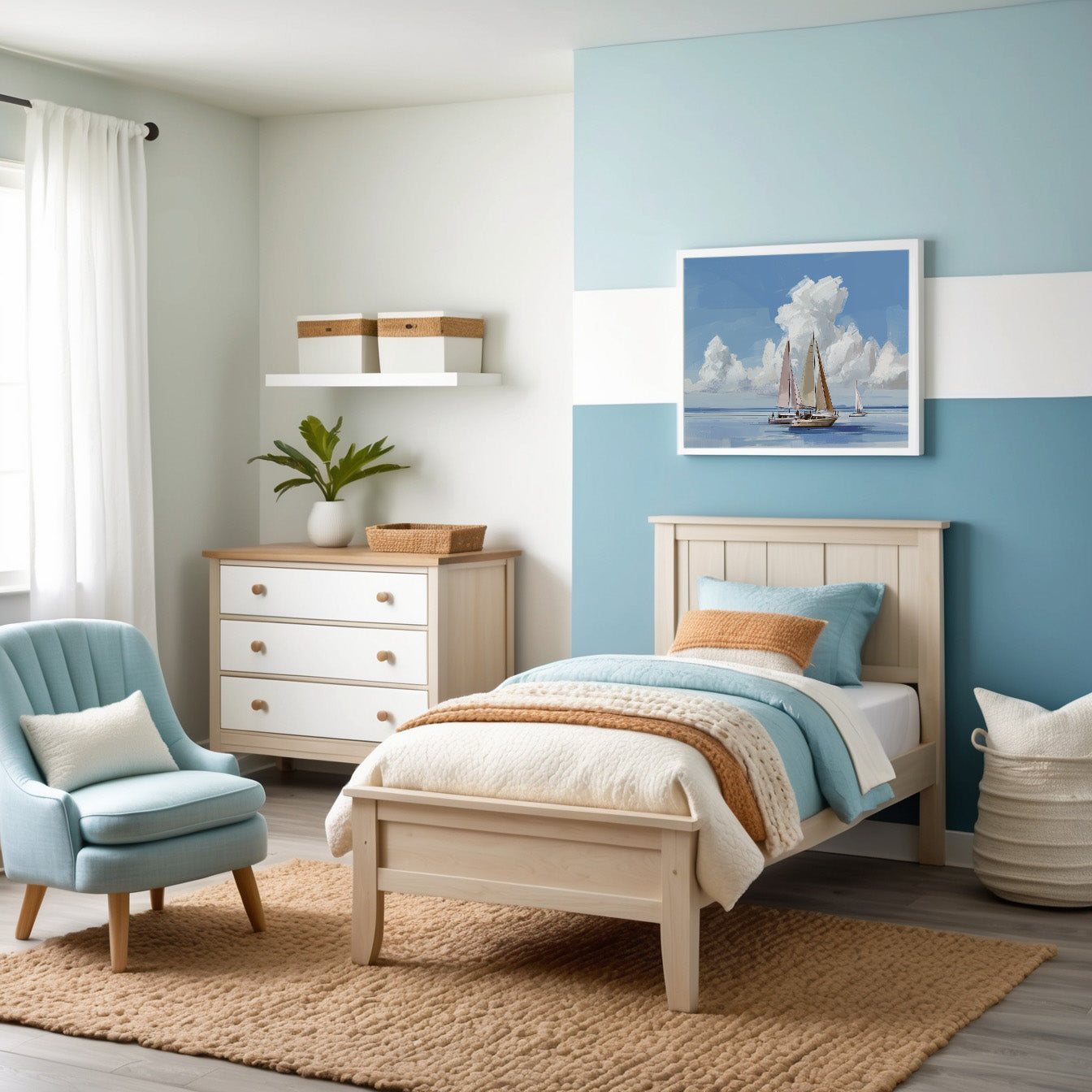 Bright and inviting bedroom with coastal-inspired décor featuring soft blue and sandy beige colors. A vibrant painting of sailboats on calm water beneath fluffy clouds is hung above the bed, accentuating the room's fresh, nautical theme.