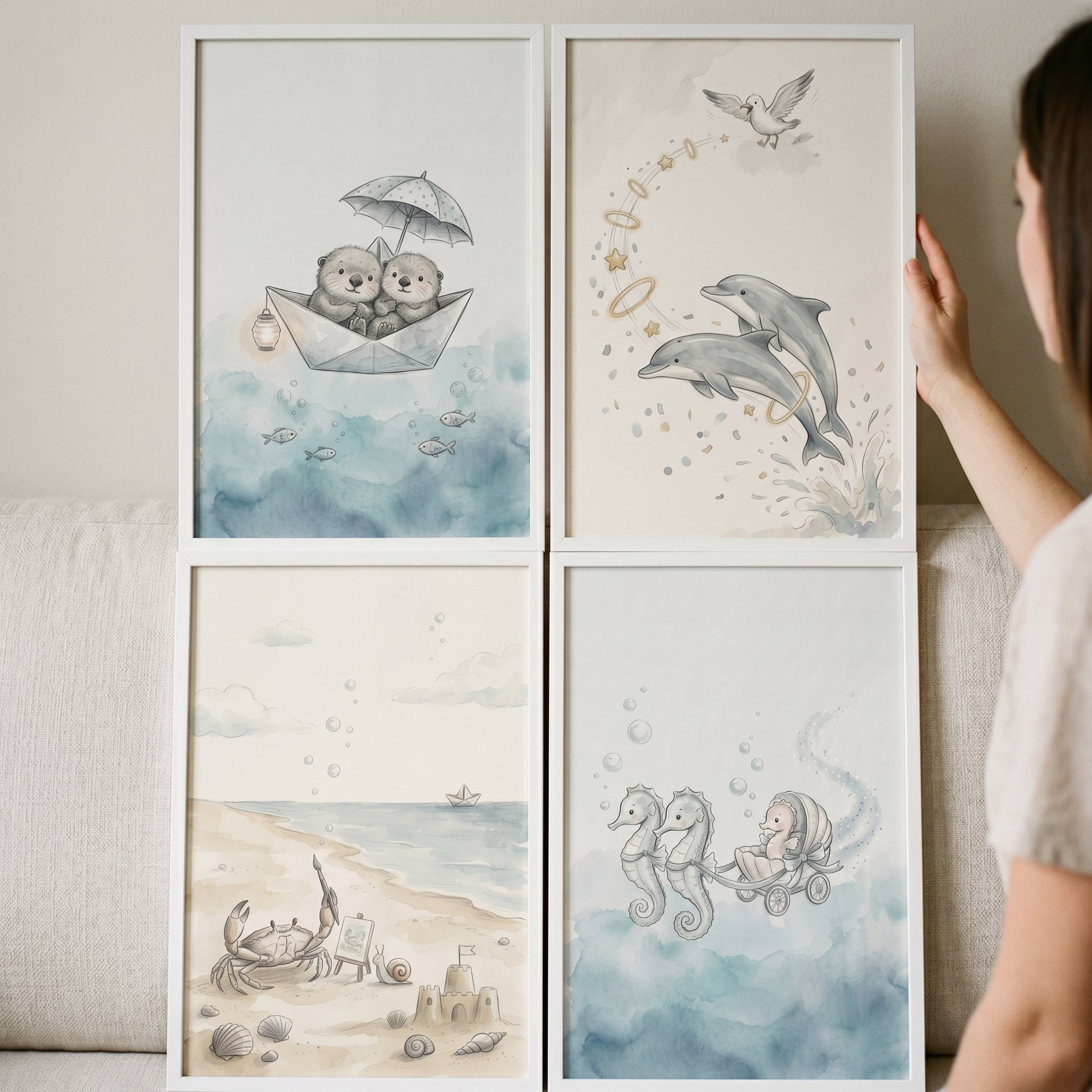 Nautical Watercolor Sea Animal Wall Art Set of 4 - Whimsical Sea Tales
