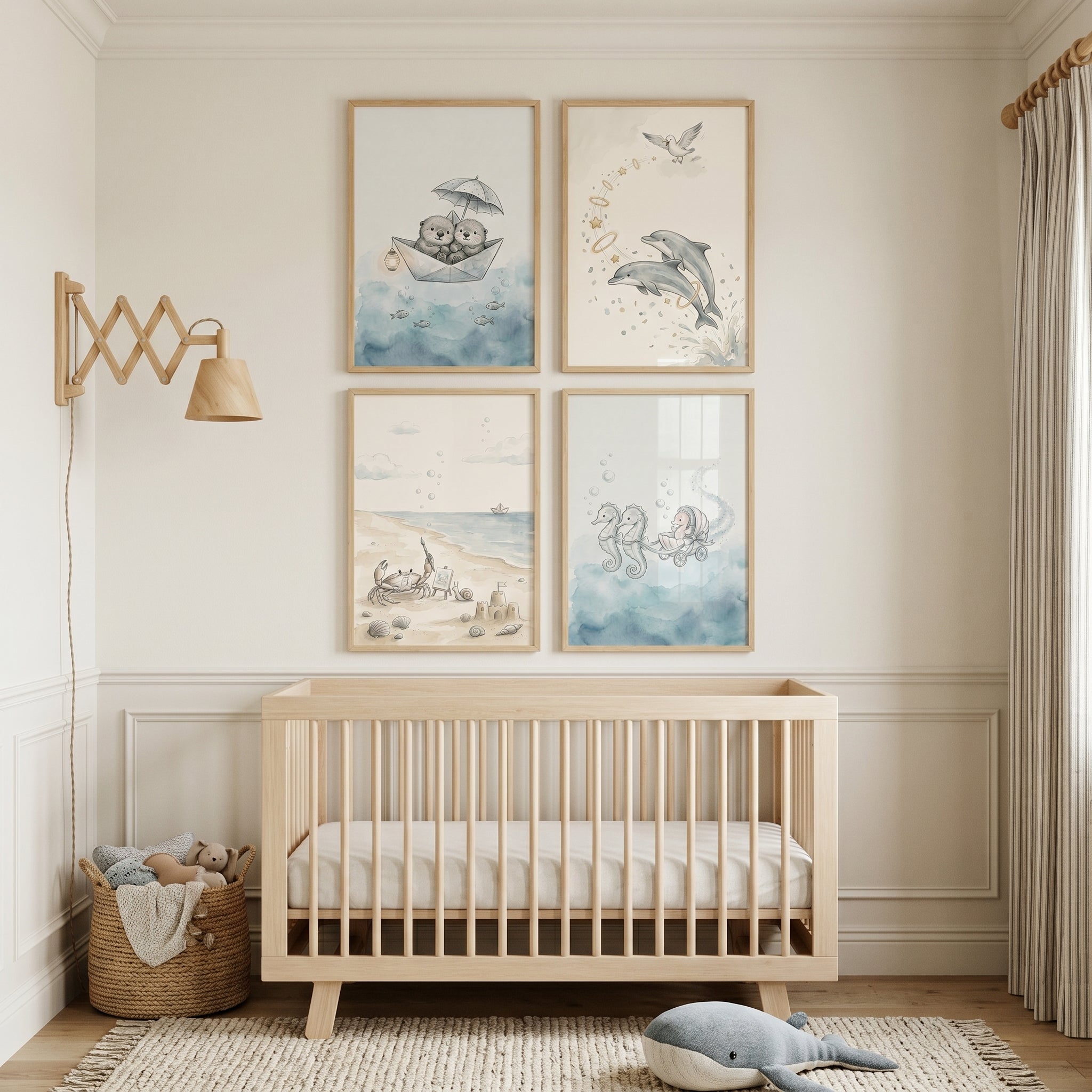 Nautical Watercolor Sea Animal Wall Art Set of 4 - Whimsical Sea Tales
