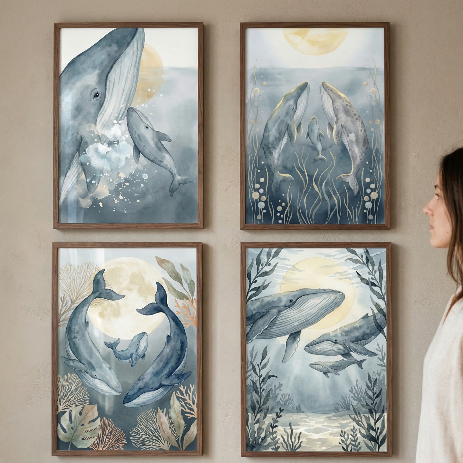 A 2x2 grid of four framed whale illustrations hangs on a neutral wall. Each artwork features whales in a soft, watercolor-inspired style using muted blues, grays, and yellows. The scenes include mother and baby whales, moons, and underwater foliage like seaweed and coral. The frames are made of light wood. To the right, a woman's profile is visible as she looks at the display. The overall aesthetic is serene and dreamlike, emphasizing a tranquil underwater theme.