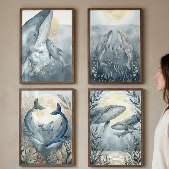 A 2x2 grid of four framed whale illustrations hangs on a neutral wall. Each artwork features whales in a soft, watercolor-inspired style using muted blues, grays, and yellows. The scenes include mother and baby whales, moons, and underwater foliage like seaweed and coral. The frames are made of light wood. To the right, a woman's profile is visible as she looks at the display. The overall aesthetic is serene and dreamlike, emphasizing a tranquil underwater theme.