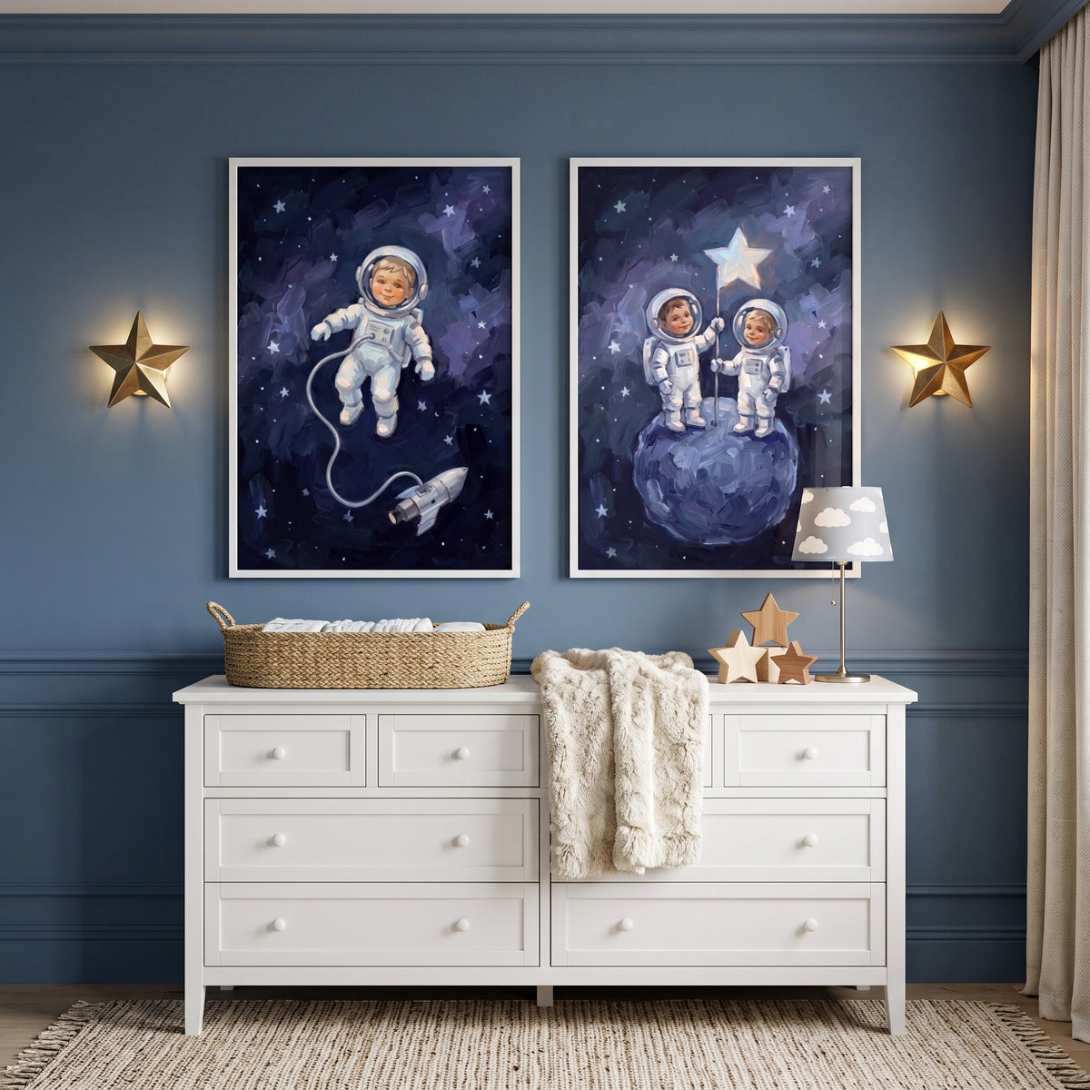 Navy Blue Child Astronaut Wall Art Set of 2 - Little Space Explorers