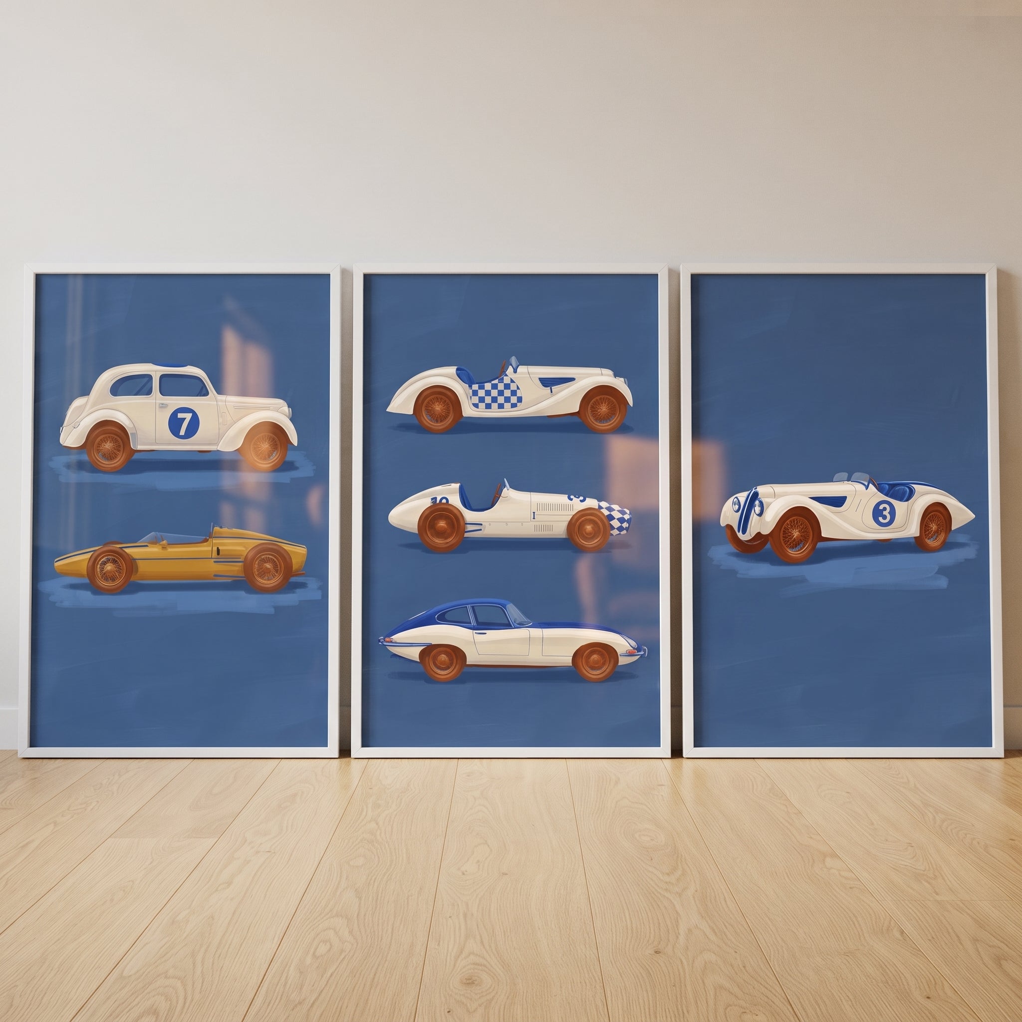 Navy Blue Racing Car Wall Art Set of 3 - Classic Speed Gallery